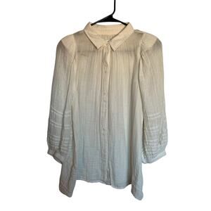 Sundays White Gauze Slub Cotton Button Up Blouse Bishop Sleeves Peasant Size L